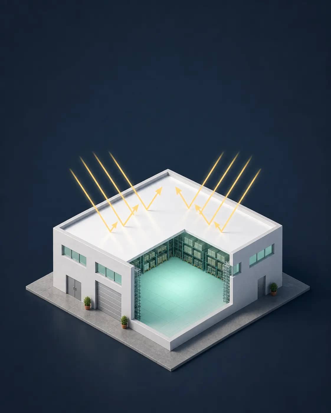 Bâtiment logistique avec toiture cool roof claire qui réfléchit le rayonnement solaire